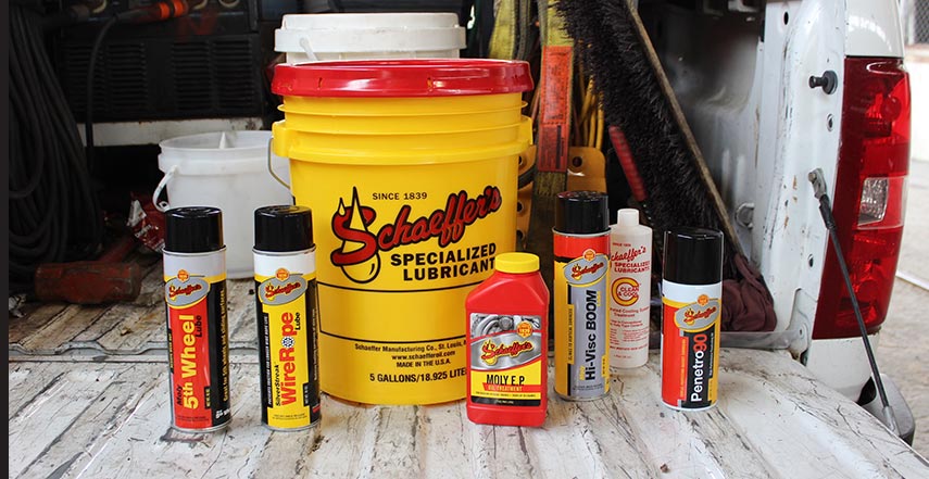 A range of Schaeffer Oil specialized lubricants and degreasers.